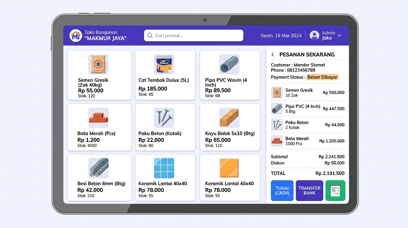 Antarmuka Aplikasi Kasir Toko Bangunan KasirGue by AppGue di Tablet Android